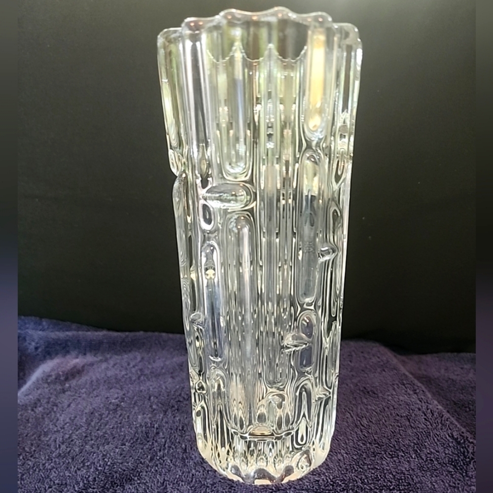 Vintage Czech SKLO UNION Maze Clear Glass Vase Frantisek Vizner 1965 MCM 8"